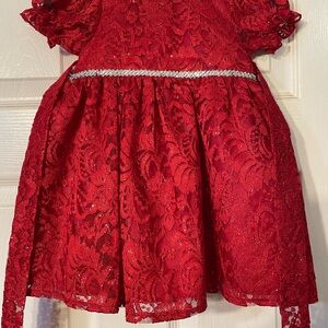 Girls' Red Lace Party Dress with Silver Trim